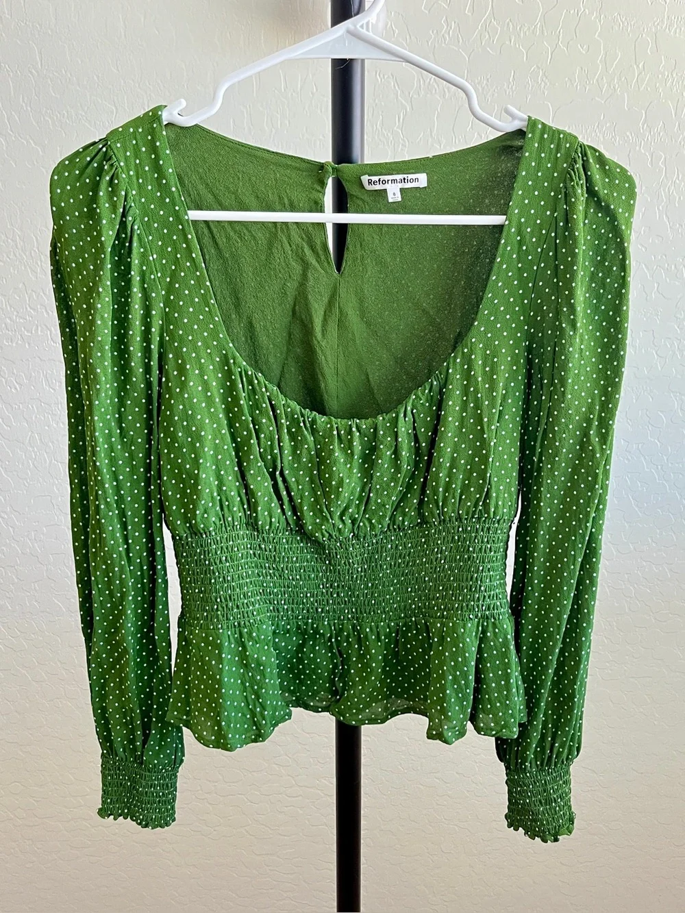 Reformation Hearth Green Polka Dot Smocked Blouse